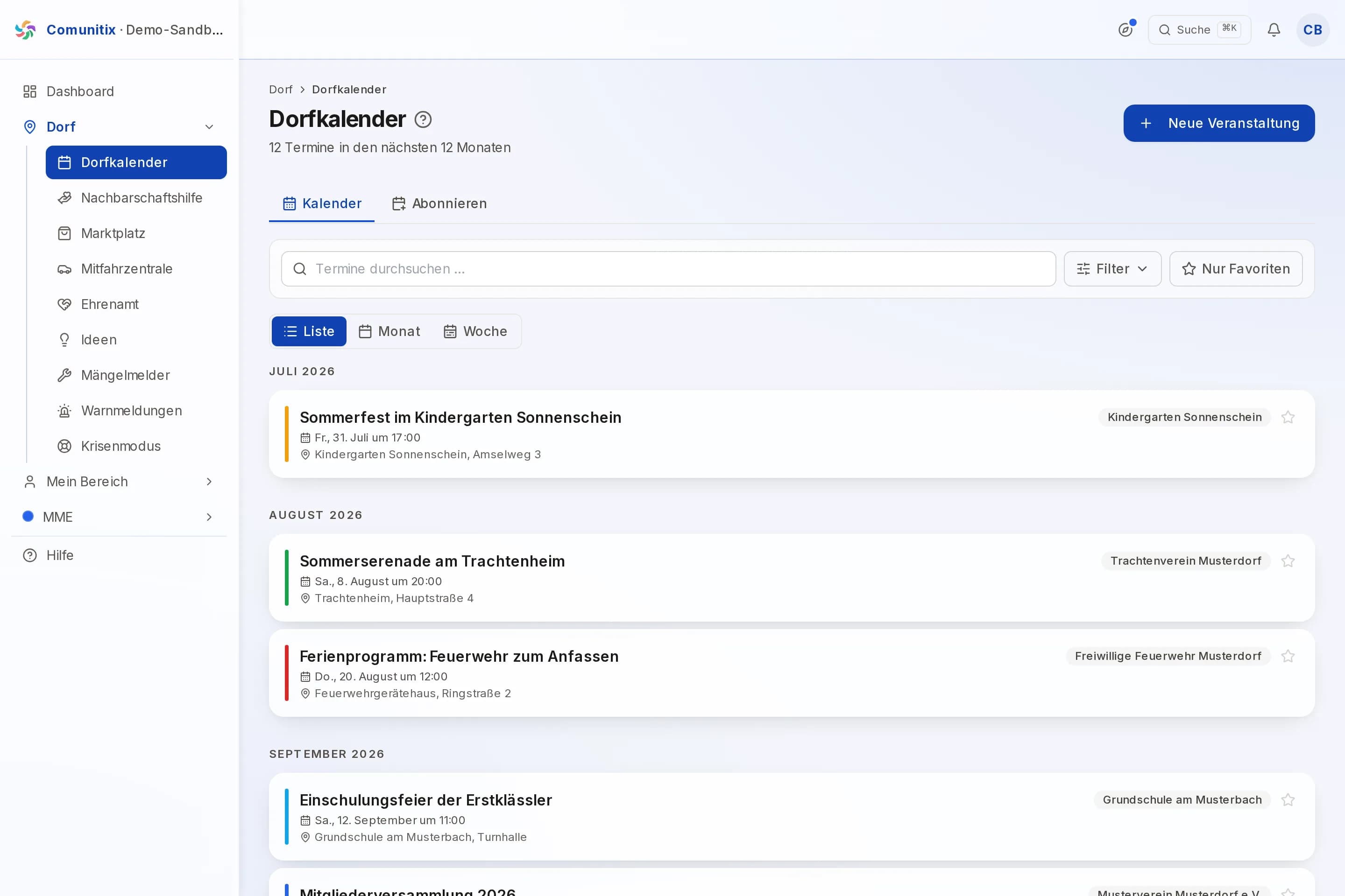 Dorfkalender in Comunitix mit Terminen von Verein, Feuerwehr, Grundschule und Kindergarten in einer Ansicht